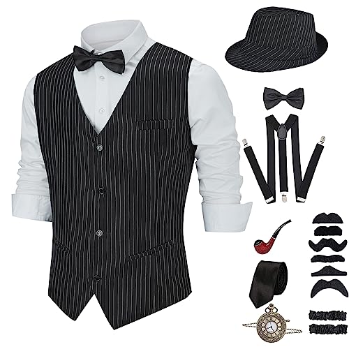 Antbutler 1920-tals herrkostym Great Gatsby fin klänning män gangster kläder 20-tals västar tillbehör kostym 15 st för halloween (rand, vuxen-S)