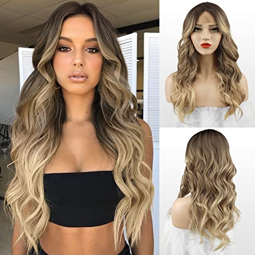 FESHFEN Långa Vågigt Ombre Blonde Mix Brown Peruker för Kvinnor, Lockiga Vågiga mitten del Peruker Lace Front Syntetiskt Hår Peruk för Daglig Fest 65 cm