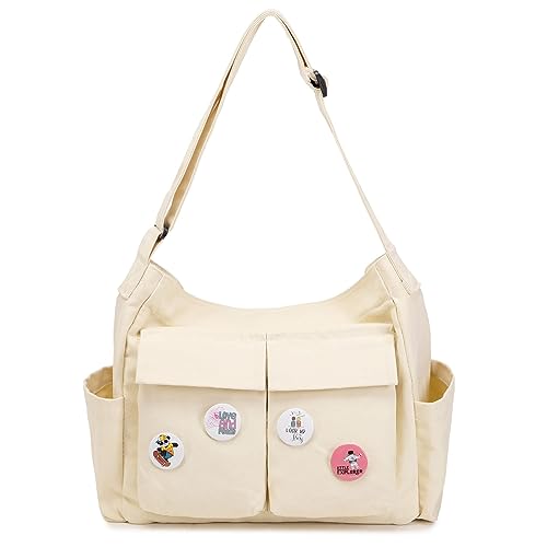 ibalulu Canvas Messenger Bag stor hobo crossbody väska med flera fickor axel väska för kvinnor och män, Beige, L, Messenger Bag